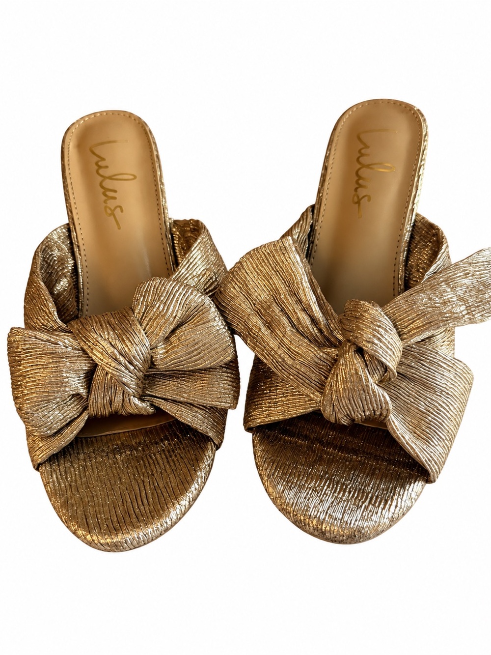 Lulu's Metallic Gold Knotted Slide Mules